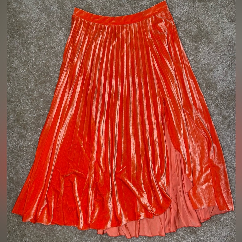 Vintage orange velvet pleated skirt with split
